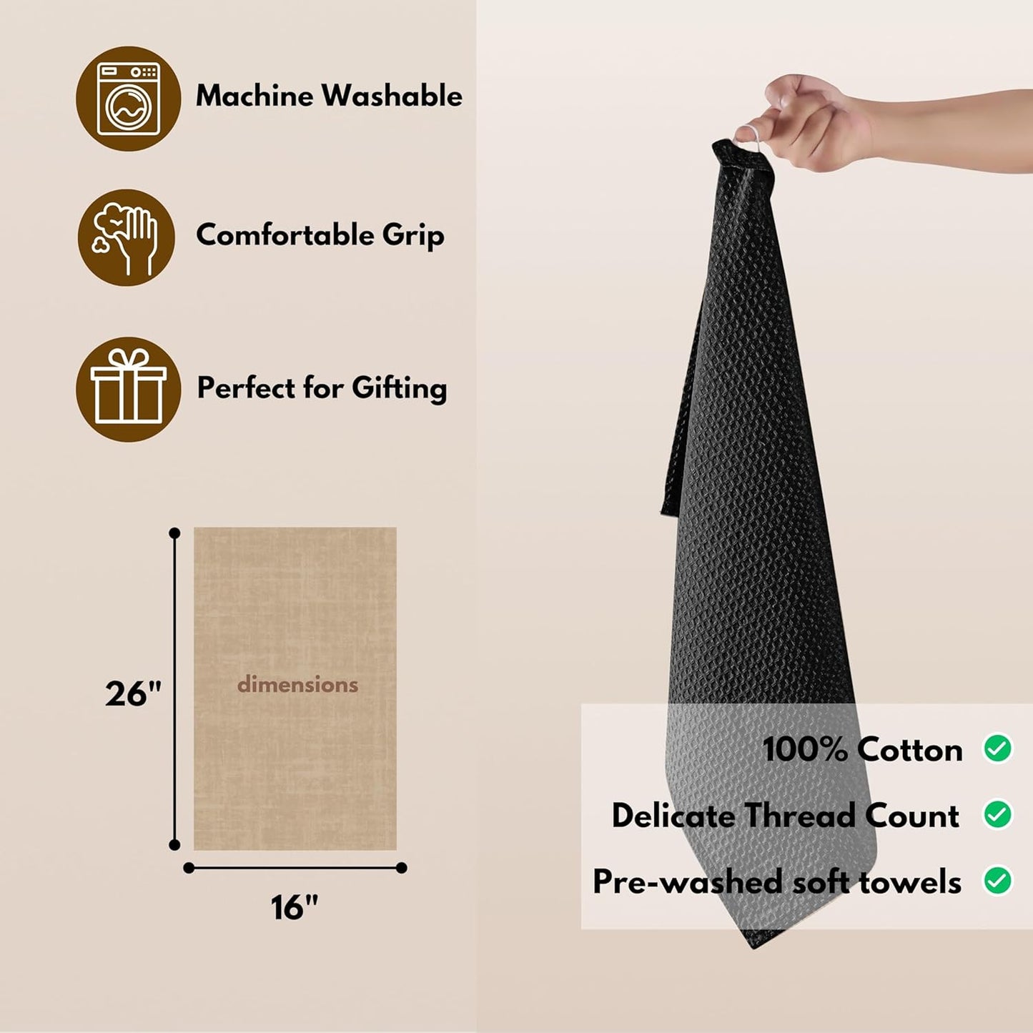 Native Fab Cotton Kitchen Towel with Hanging Loop 16x26 inches, 4-Pack, Waffle Weave Kitchen Towels for Cleaning Drying, Washcloths Soft & Absorbent Cloth Rags, Bar Towel, Dish Cloth, Black