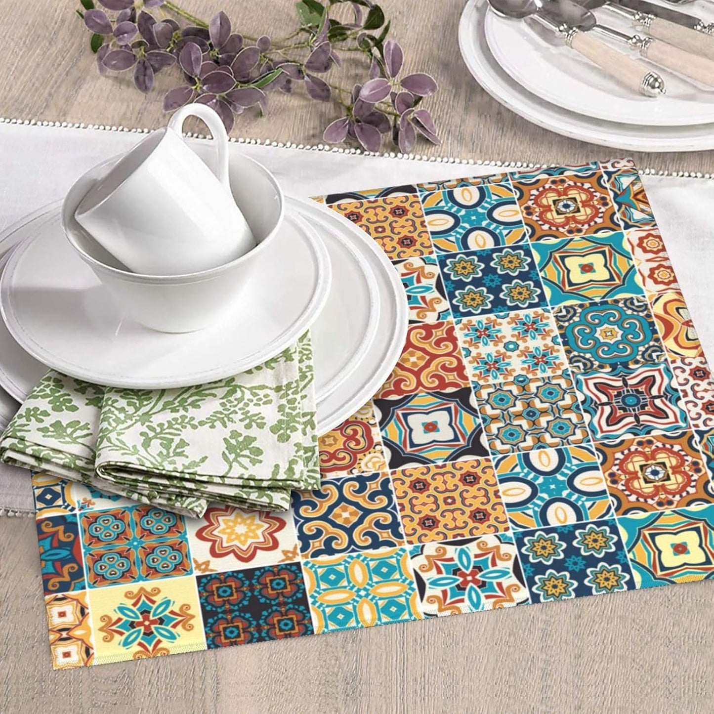 Traditional Multicolor Ornate Dish Drying Mat, Highly Absorbent Microfiber Kitchen Counter Pad Reusable Washable, 16*18"