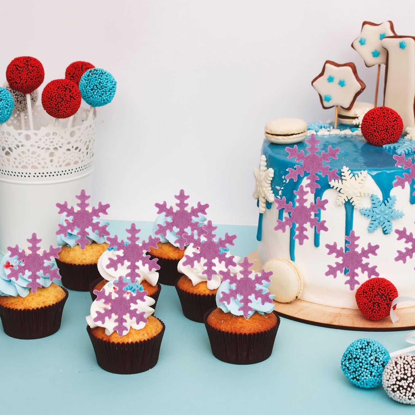 Gyufise 50Pcs Purple Edible Cupcake Toppers Snowflakes Cake Toppers Snowflakes Cake Decoration Winter Frozen Birthday Party Supplies