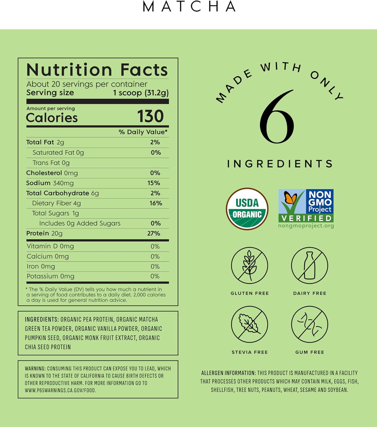 Truvani Vegan Pea Protein Powder | Matcha | 20g Organic Plant Based Protein | 20 Servings | Keto | Gluten & Dairy Free | Low Carb | No Added Sugar