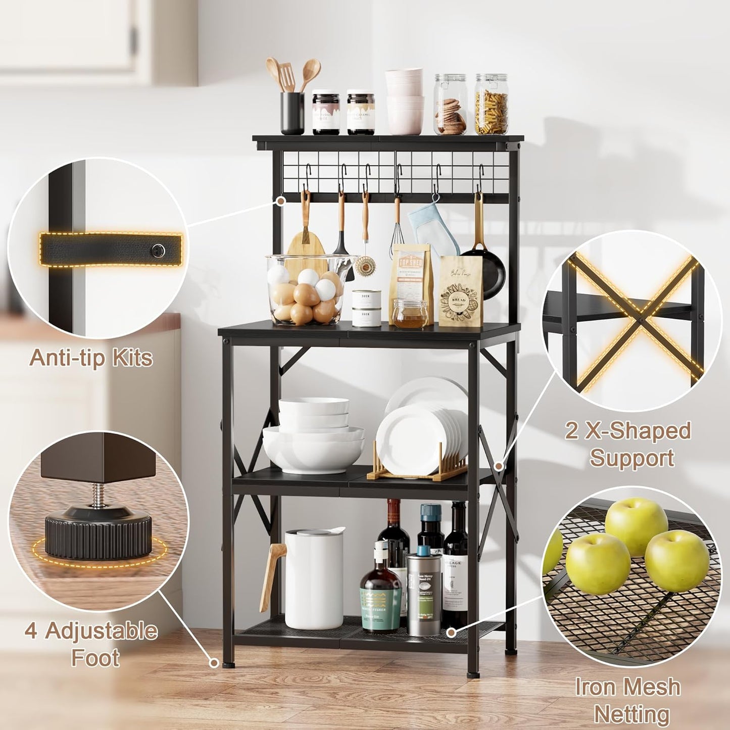 Furologee Kitchen Bakers Rack with Hutch, Coffee Bar Station 4 Tiers, Microwave Oven Stand with 6 S Hooks and Pegboard, Kitchen Microwave Rack for Spice Organizer Workstation, Black