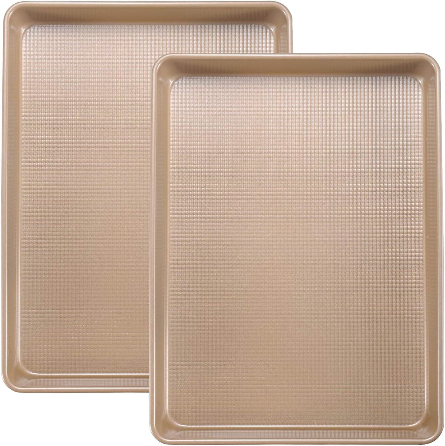 2 Pack Jelly Roll Pan 15x10 Inch, Diamond Texture Nonstick Cookie Sheet, 0.8mm Thick Heavy Duty Steel Baking Tray, Commercial Gold Baking Pans
