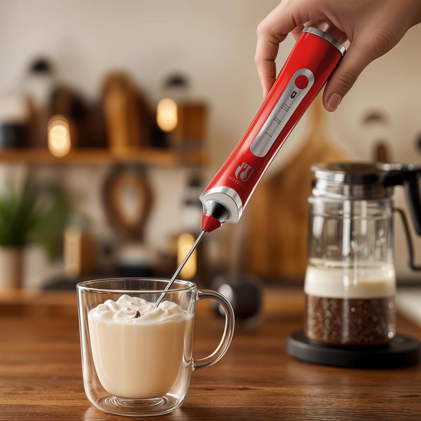 Rechargeable Handheld Milk Frother - Electric Foam Maker - Portable Coffee Frother Wand with 2 Heads - Stainless Steel Electric Whisk for Coffee, Latte, Cappuccino, Macchiato, Hot Chocolate (Red)