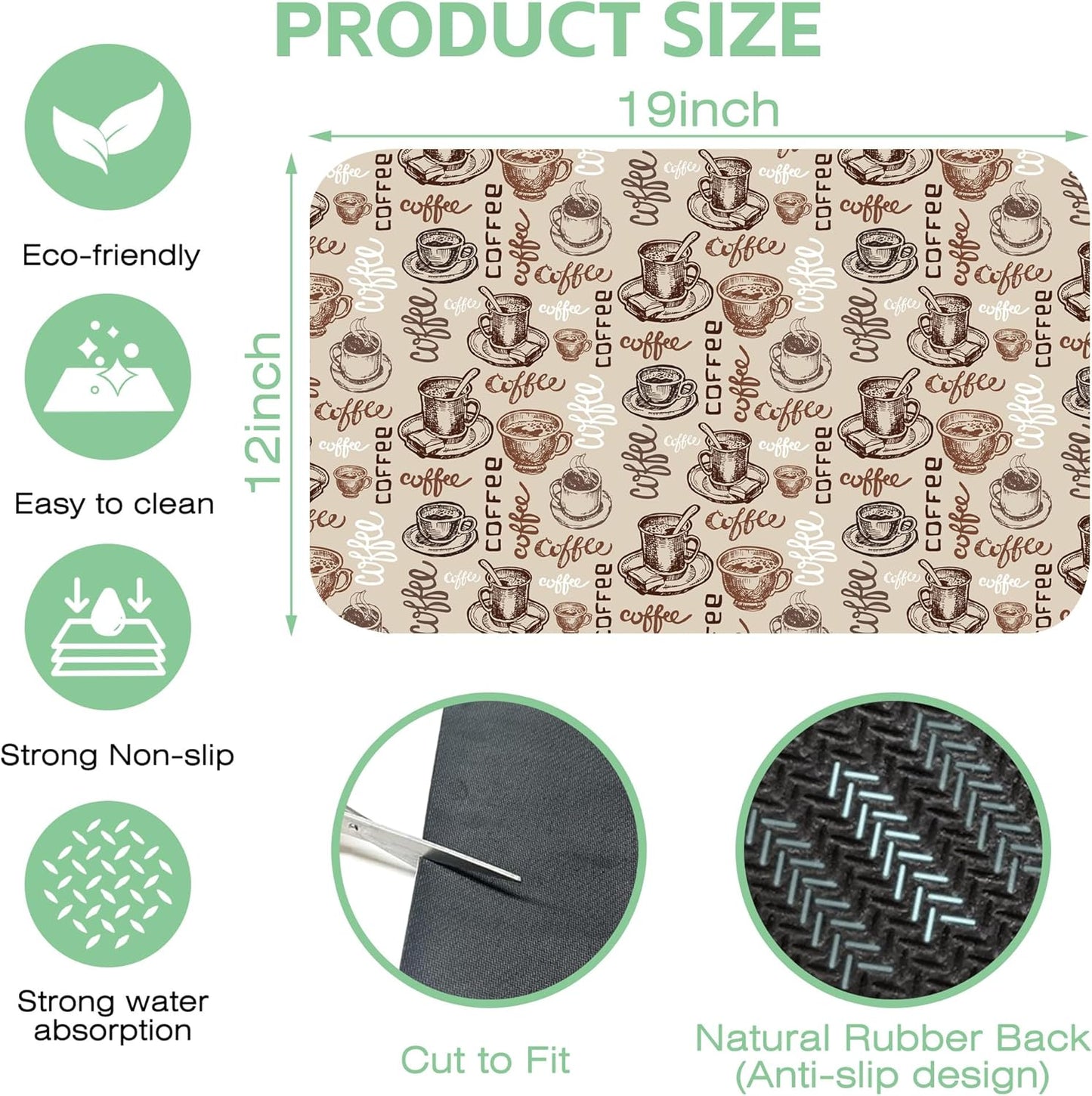 Doodle Coffee Cup Dish Drying Mat,12"X19" Absorbent Fast Dish Drying Mat for Kitchen Counter Pot and Pan, Kitchen Accessories