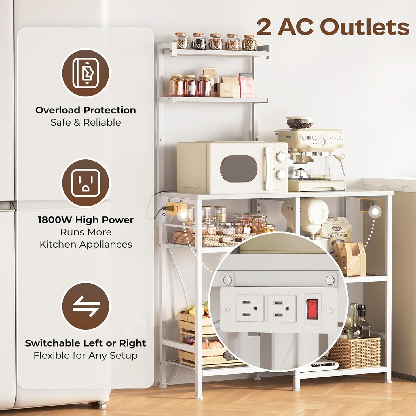 Huuger 31.5 Inch Bakers Rack with Power Outlets, Kitchen Microwave Stand with Storage, Coffee Bar with 4 Hooks, 3-Level Height Open Shelves, White