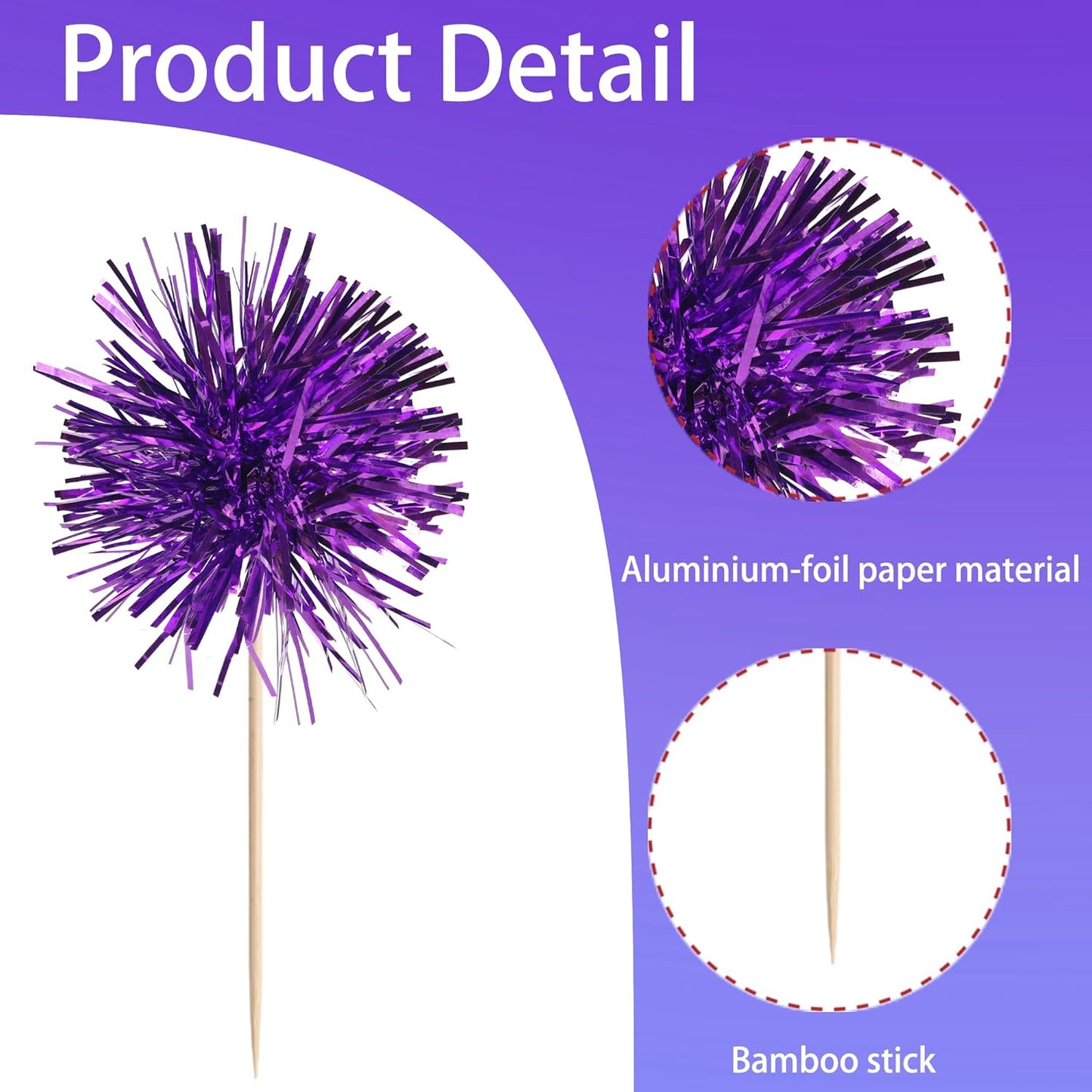 40 PCS Foil Firework Cupcake Toppers Fireworks Cupcake Picks Sparkle Tinsel Cake Decorations Cocktail Fruit Toothpick for Firework Theme Birthday Wedding Graduation Party Decorations Supplies Purple