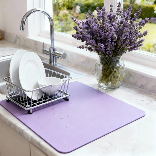 Dish Drying Mat Super Absorbent – 16" x 18" Coffee Mat for Countertops – Non-Slip Drying Mat for Kitchen Counter – Easy to Clean Water Absorbent Mat – Large Dish Drying Mats (Lavender)