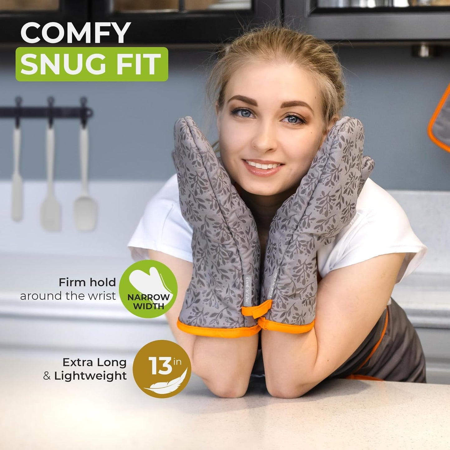 Premium Heat-Resistant Oven Mitts - Stylish and Beautiful - Non-Slip Platinum Silicone Grip - Long and Thick - 100% Natural Cotton Exterior and Soft Terry Cloth Lining - Set of 2 by Cook'n'Chic