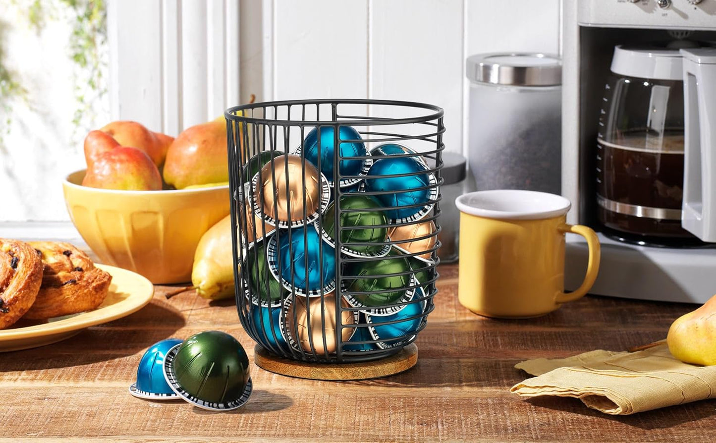 Coffee Pod Holder -Black Wire K Cup Storage with Wooden Base - Large Capacity Slim Design - Modern Coffee Basket Decor for Kitchen Countertop for Keurig Kcups & Espresso Capsules