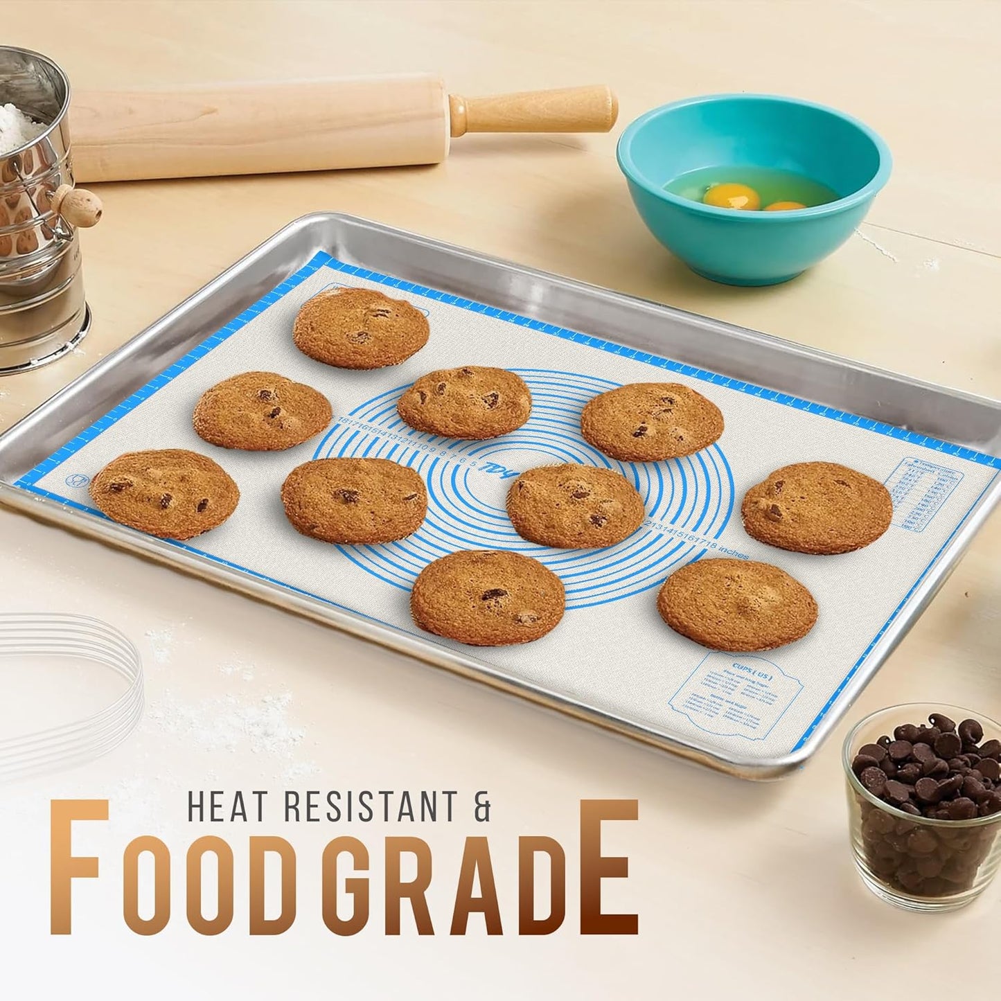 28 * 20 inches Blue, Non-Slip Silicone Baking Sheets - Baking Mat with 0.7mm Thickness - Non-Stick Pastry & Cookie Mat for Kitchen Counter for Rolling Out Dough with Measurements.