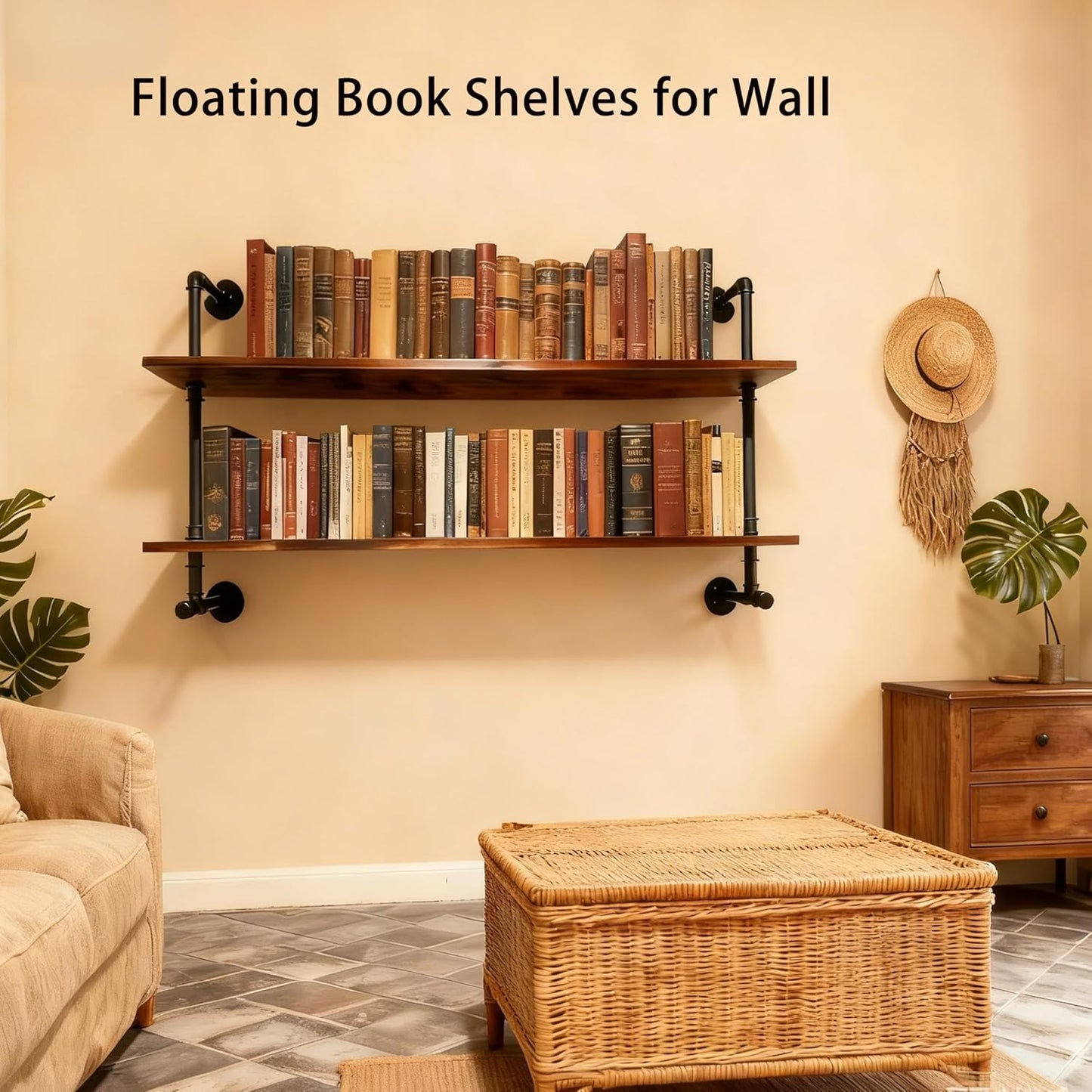 ROGMARS Industrial Pipe Solid Wooden Floating Book Shelves for Living Room Wall Shelving Kitchen Wall Shelves Bar Shelving 48 inch Rustic Farmhouse Shelves 2 Tier