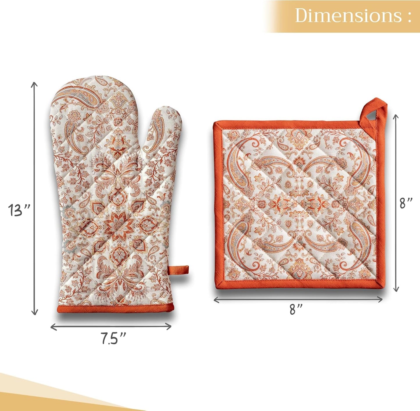 Maison d' Hermine 100% Cotton Oven Mitt & Pot Holder Set (7.5"x13" & 8"x8") Heat Resistant BBQ Cooking Gloves with Loop, Baking, Grilling, Kitchen, Handling Hot Pans (Cachemire)