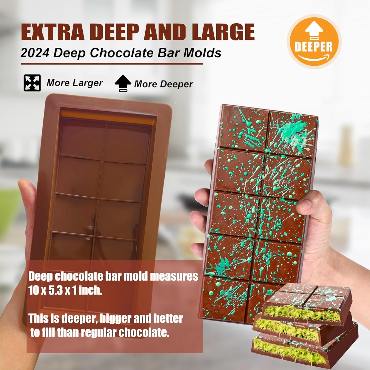 2 Pack Deep Chocolate Bar Molds Silicone,Large Stuffed Dubai Pistachio Deep Bar Moulds Kit 1 Inch Thick Big，for Homemade Making Bar Candy Bar Bpa Free DIY.
