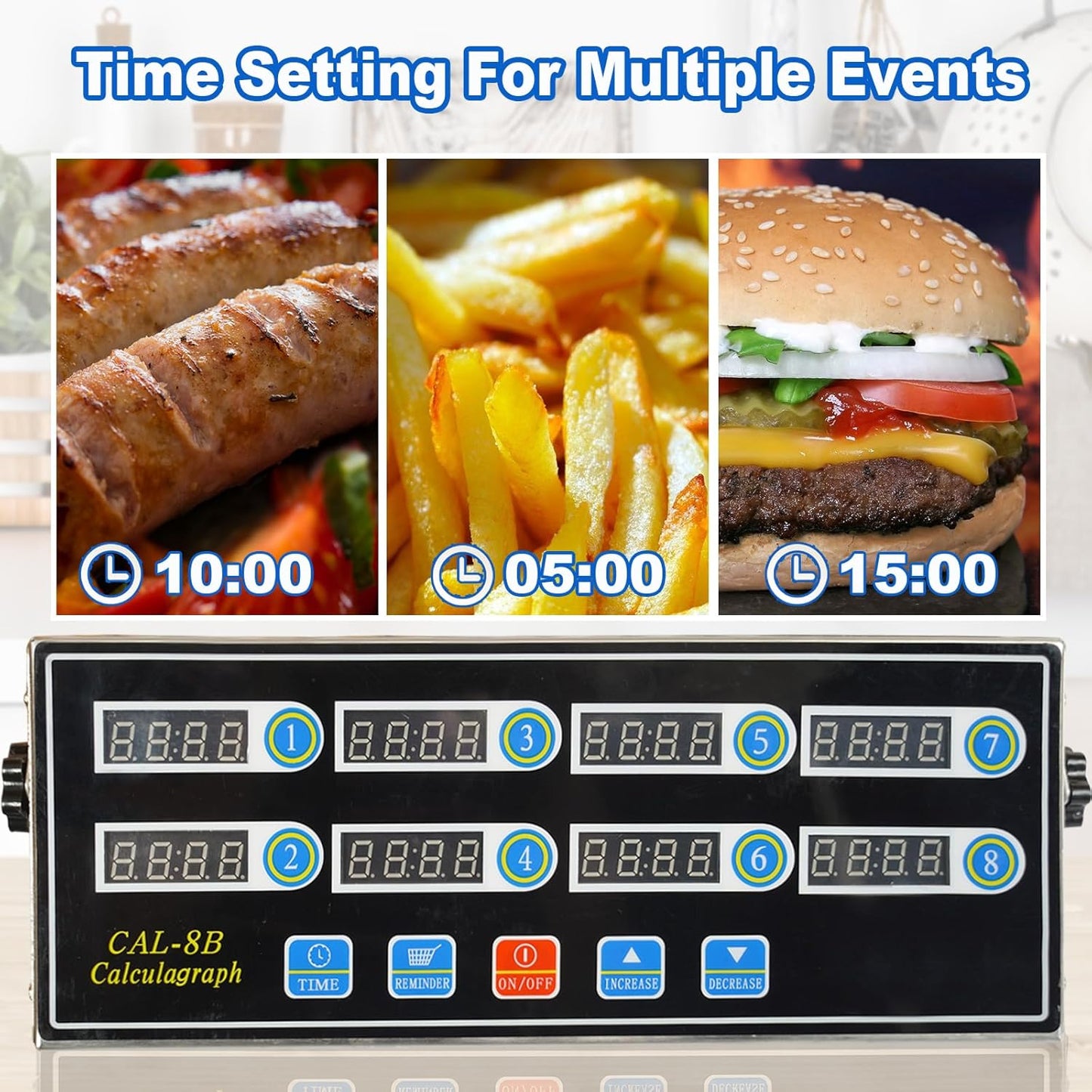 Commercial 8 Channels Digital Kitchen Timer, Stainless Steel Calculagraph Timer with Loud Alarm for Restaurant, Clock Reminder on Multiple Events