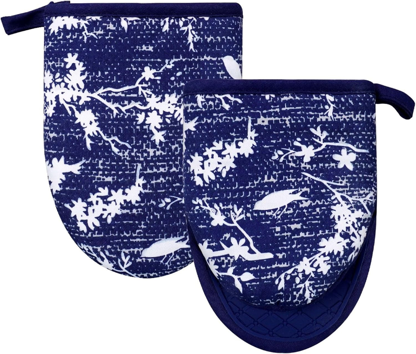 Mini Silicone Oven Mitts, Heat and Slip Resistant Kitchen Gloves 2-Pack Set, Birds Flower Soft Short Oven Mittens, Flexible Thick Pot Holders for Safe Cooking Baking and Grilling (Navy)