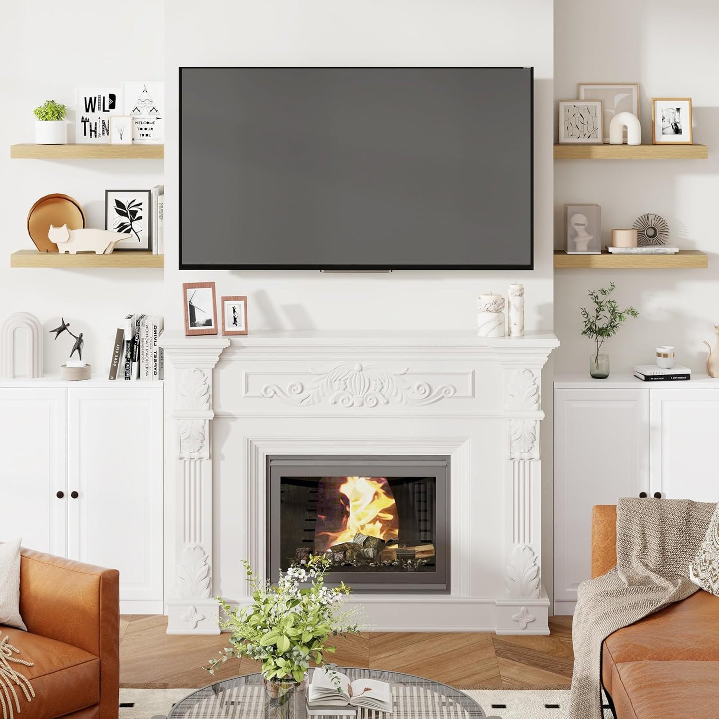 Heimlove 24 Inch Floating Shelves for Wall Oak Shelves Set of 2,Wall Mounted Rustic Wood 8 Inch Deep Floating Shelf with Invisible Brackets for Bedroom Kitchen Living Room