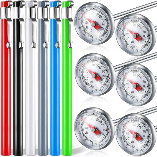 Xuhal 6 Pcs Stainless Steel Kitchen Thermometer with 5 Inch Long Stem 1 Inch Dial Thermometer Milk Frothing Food for Oven Probe Meat Grill BBQ Cooking Chocolate Water(Multicolor)
