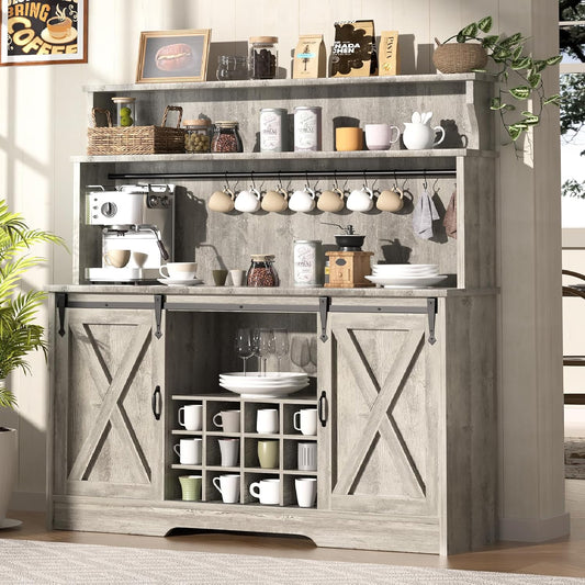 55'' Farmhouse Coffee Bar Cabinet with 3 Tier Storage Hutch, Coffee Bar Station with Sliding Barn Door, Hutch Storage Cabinet with 12 Wine Racks & 9 Hooks for Kitchen Dining Living Room