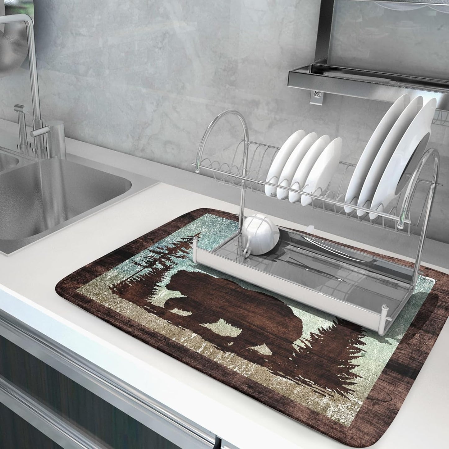 Retro Brown Bear Forest Cabin Dish Drying Mat Countertop 18x24 Fall Blue Sky Cloud Cartoon Wild Animal Bushes Drainer Mat Pine Tree Grass Dishes Pad Rustic Floral Dish Drainer Rack Winter Wildlife