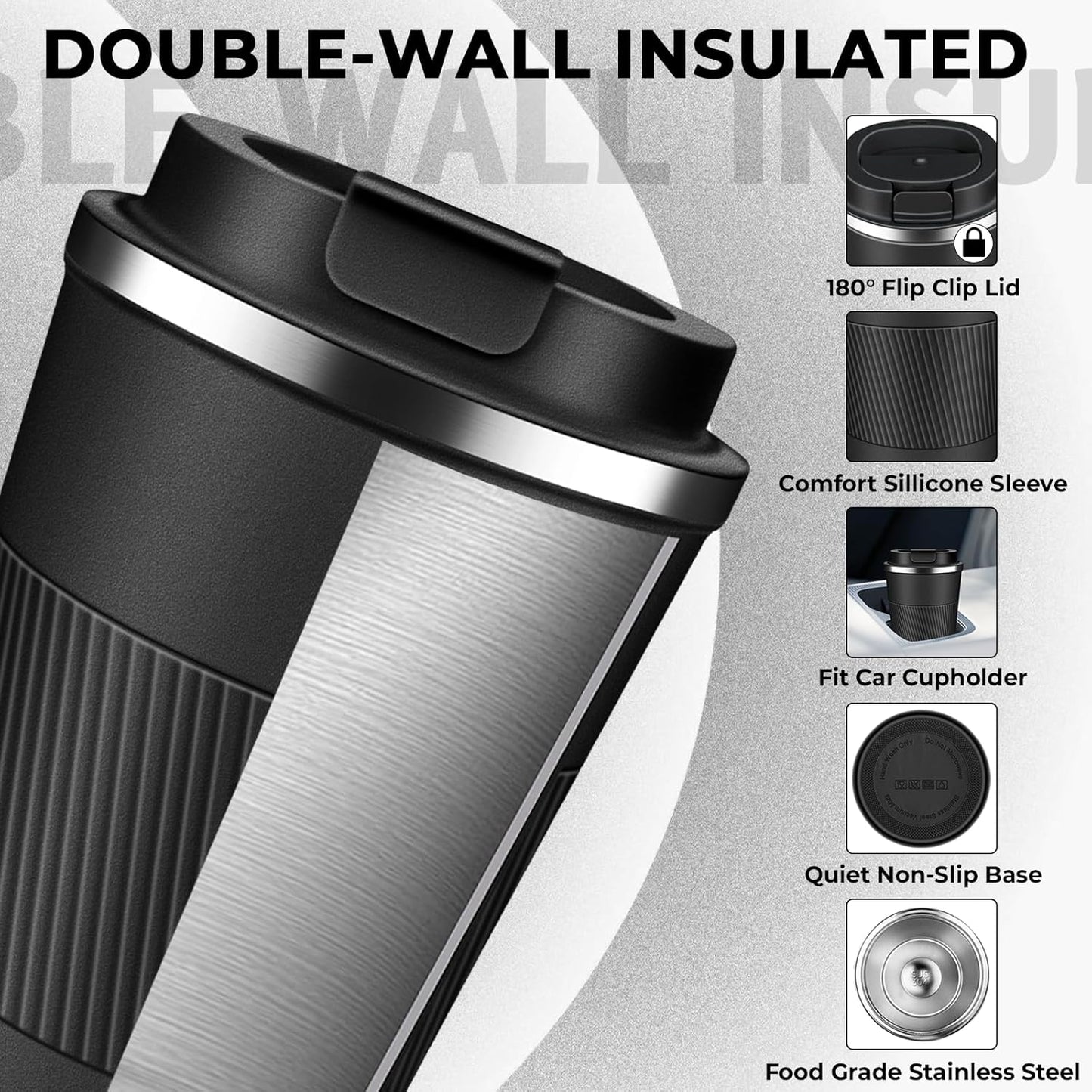 Insulated Coffee Tumbler 17 oz, Stainless Steel Coffee Mug with Lids, Travel Coffee Mug Leak Proof, Double Wall Vacuum Insulated Reusable Coffee Cup, Keep Drinks Hot and Cold (Black, 17 Ounces)