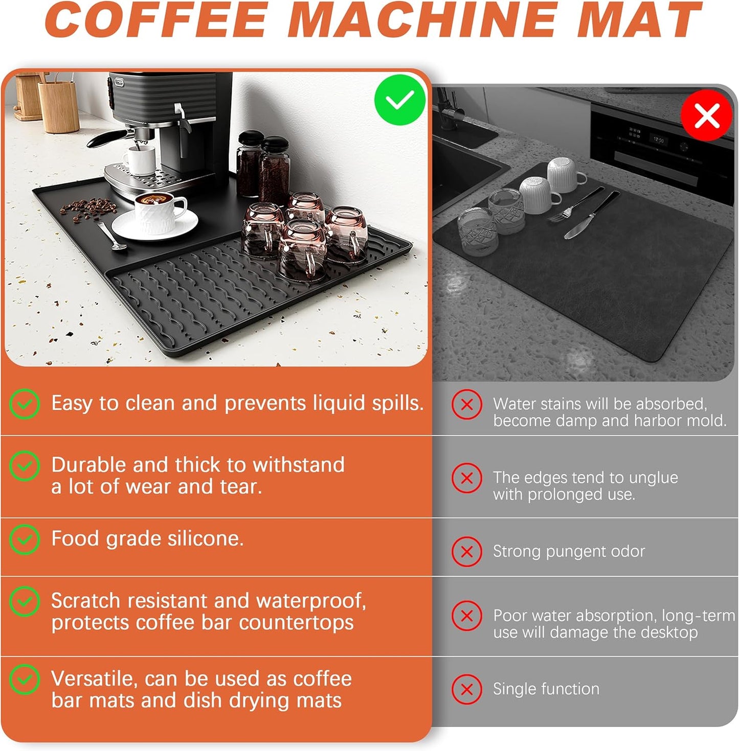 Silicone Coffee Mat, 24 x 16 Inch Non-Slip Heat Resistant, Large and Small Combination Bar Mat, Convex Edge Spill Resistant Design for Coffee Machines and Kitchen Countertops,Wave Pattern Black