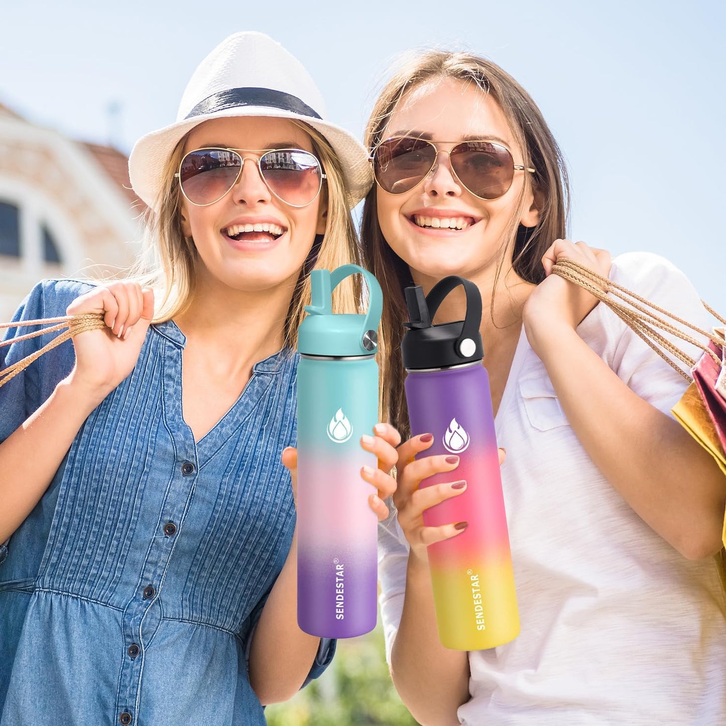 SENDESTAR Water Bottle 40oz Double Wall Vacuum Insulated Leak Proof Stainless Steel Sports Water Bottle—Wide Mouth with New Flex Straw Lid & Spout Lid (Sobert)