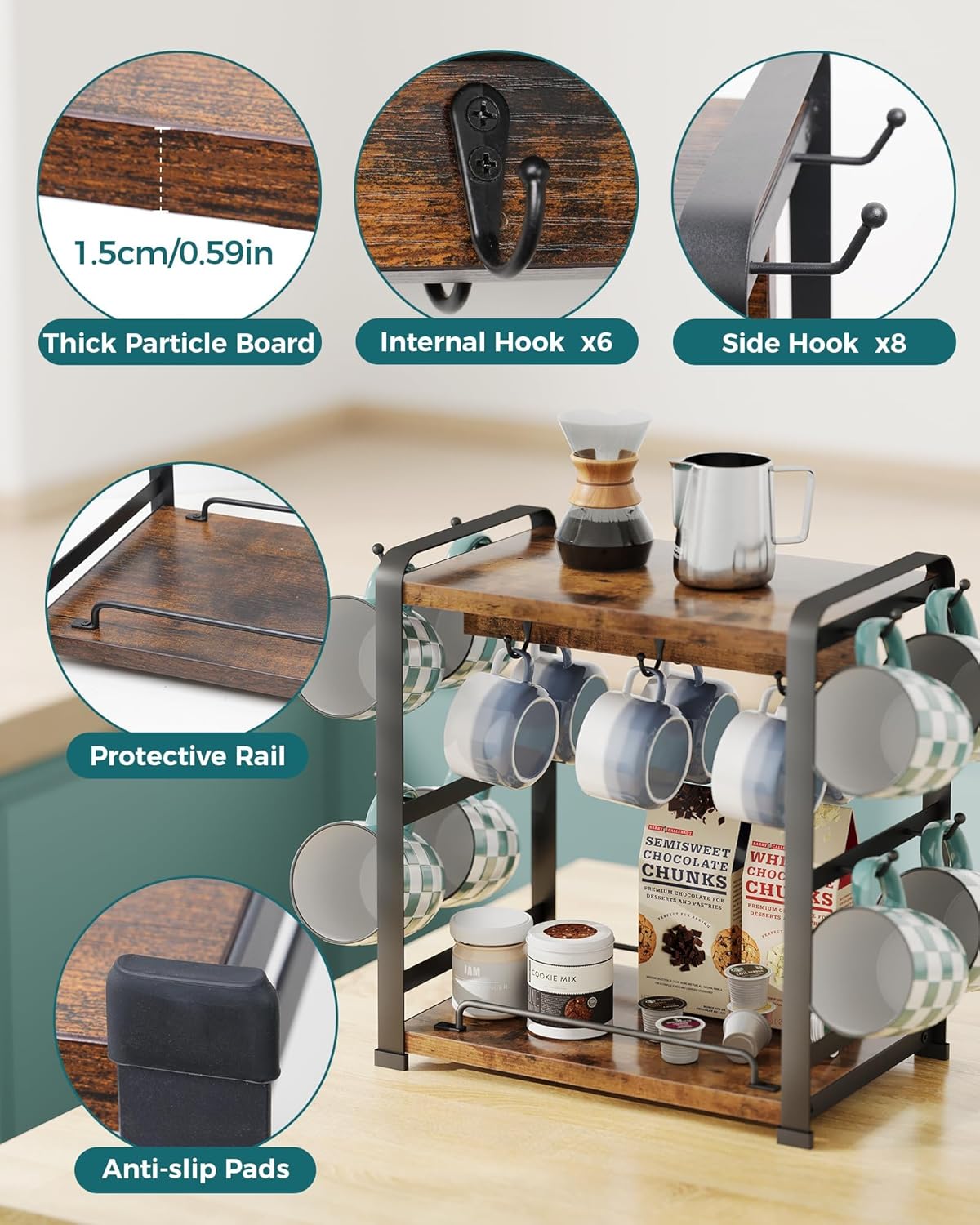 OROPY Wooden Coffee Bar Organizer with 14 Mug Hooks, 2 Tier Countertop Coffee Mug Holder Stand for Cups, Mugs, Syrups, Accessories