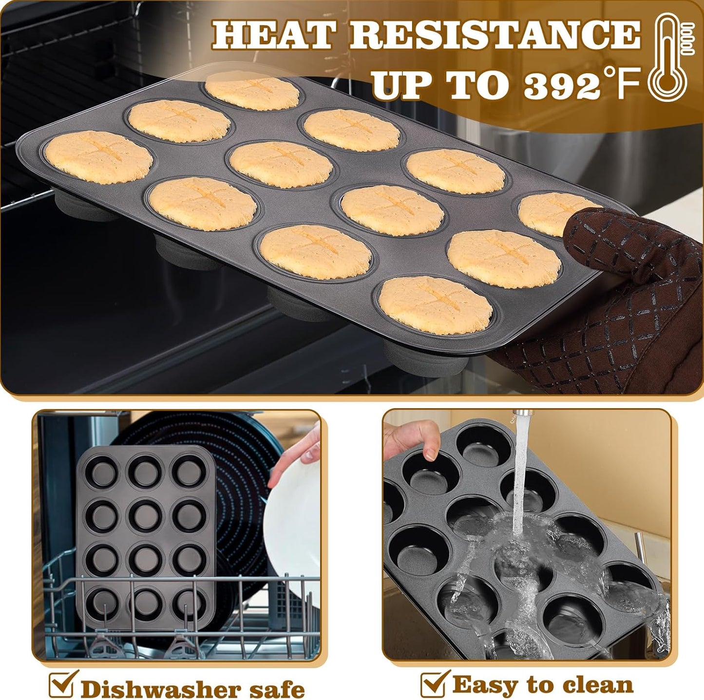 BEWOS 2 PCS Non-Stick 12 Cup Muffin Pan, Carbon Steel Mini Muffin Pan with 24 Reusable Silicone Silicone Molds, Dishwasher Safe & Easy Clean Muffin Tin, Baking Moulds for Muffins or Cupcake（Grey）