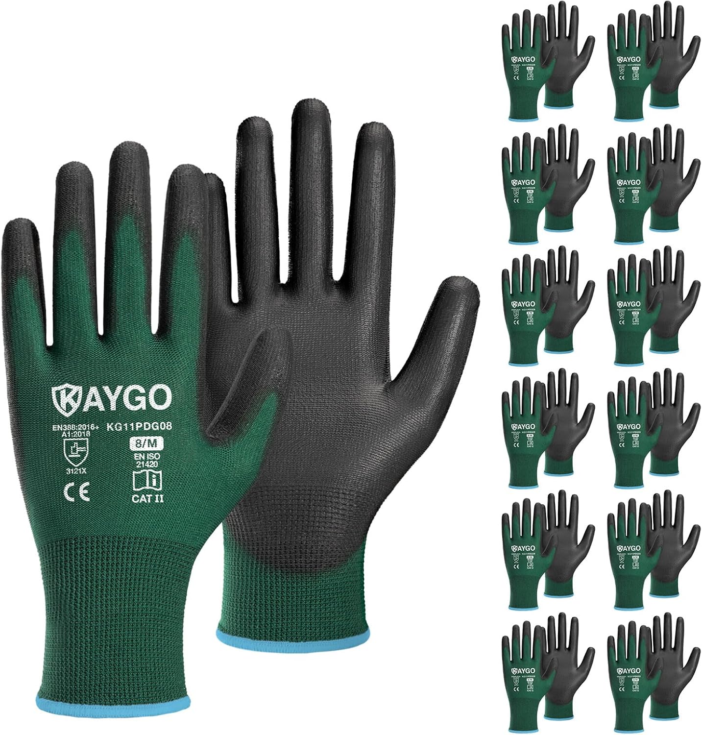 KAYGO Safety Work Gloves PU Coated,12 Pairs KG11PB Seamless Knit Glove for Men and Women, with Smooth Grip on Palm and Fingers, Ideal for General Duty Work (Medium,Dark Green)