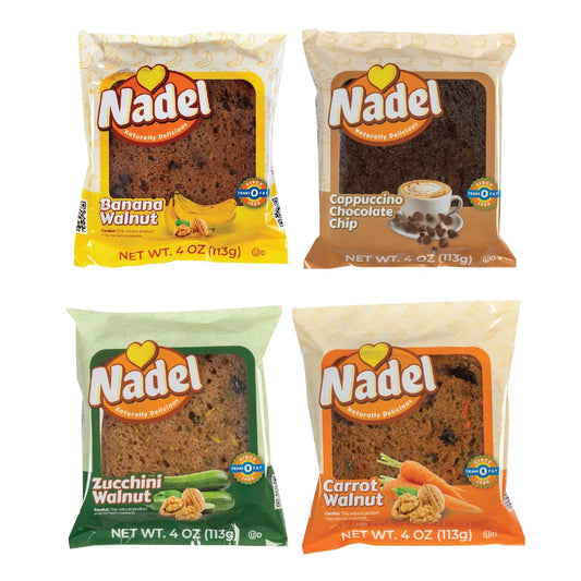 Nadel - Naturally Delicious Sweet Breads Variety Pack (Banana Walnut, Cappuccino Chocolate Chip, Carrot Walnut, Zucchini Walnut). (24 Pack, 6 Breads Per Flavor)