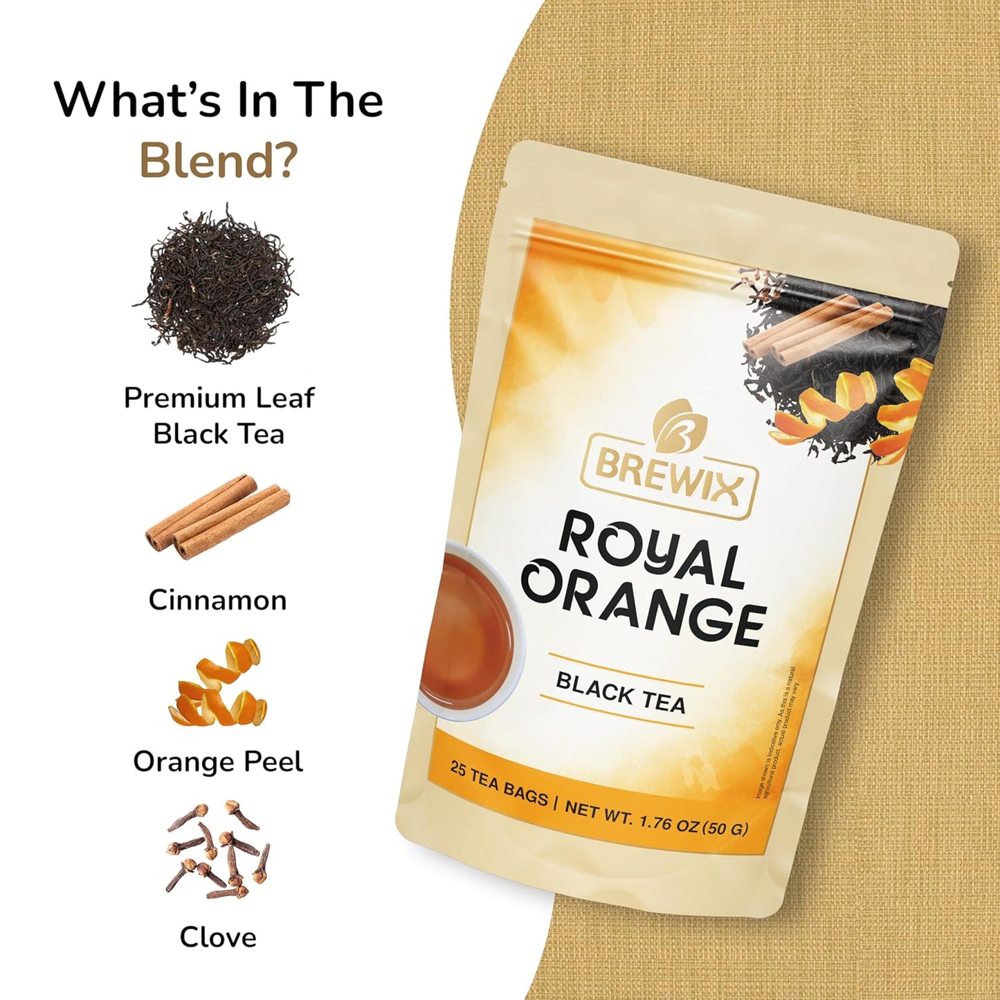 BREWIX, Royal Orange Spice Black Tea (25 Pyramid Tea Bags) | Premium Caffeinated Blend with Zesty Orange & Warming Spices | Warming Winter Blend Perfect for the Holidays | Iced Tea Bags | Sugar-Free