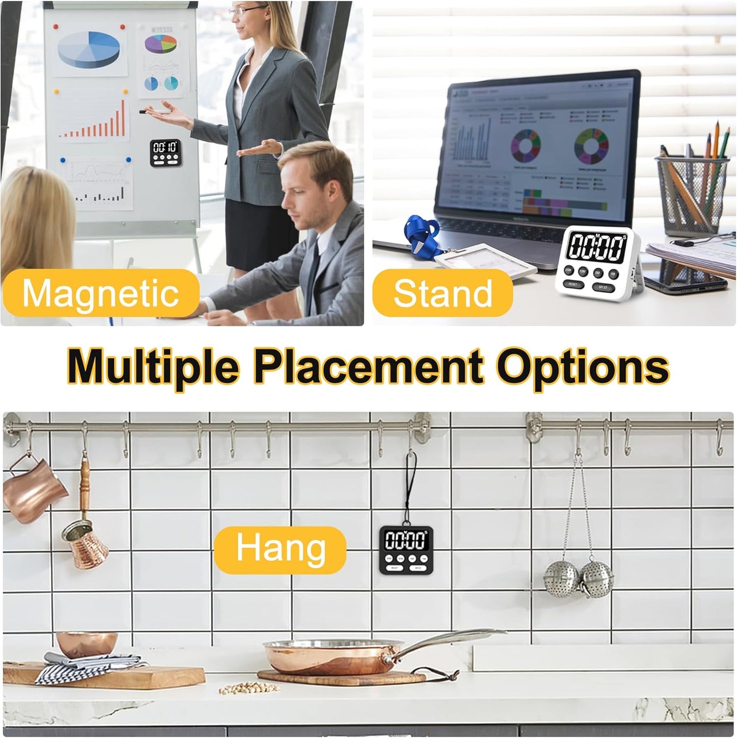 Pomodoro Timer, Digital Productivity Timer with Large Display, Kitchen Timers for Cooking, Settings 1-5-10-25 Minutes, White