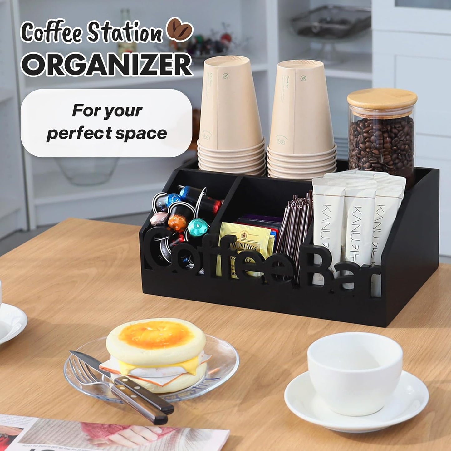 Coffee Bar Organizer for Countertop – Wooden Coffee and Tea Station Caddy with Tray for Pods, Cups, Condiments, and Accessories – Kitchen or Office Counter Storage (Medium Size -Black)