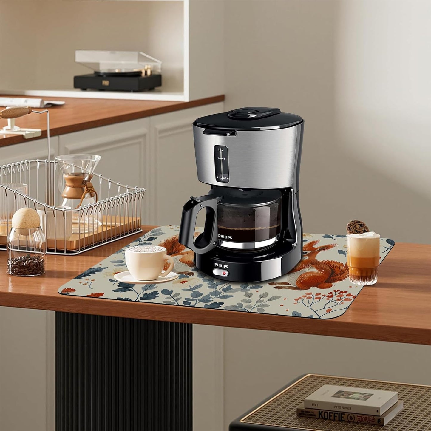 Dish Drying Mat Squirrel in the Flowers Kitchen Mat 12"x19" Bsorbent Coffee Maker Mat for Dishes,Utensils Coffee Maker Pots and Pans Easy Clean Dish Slip Resistant Pad