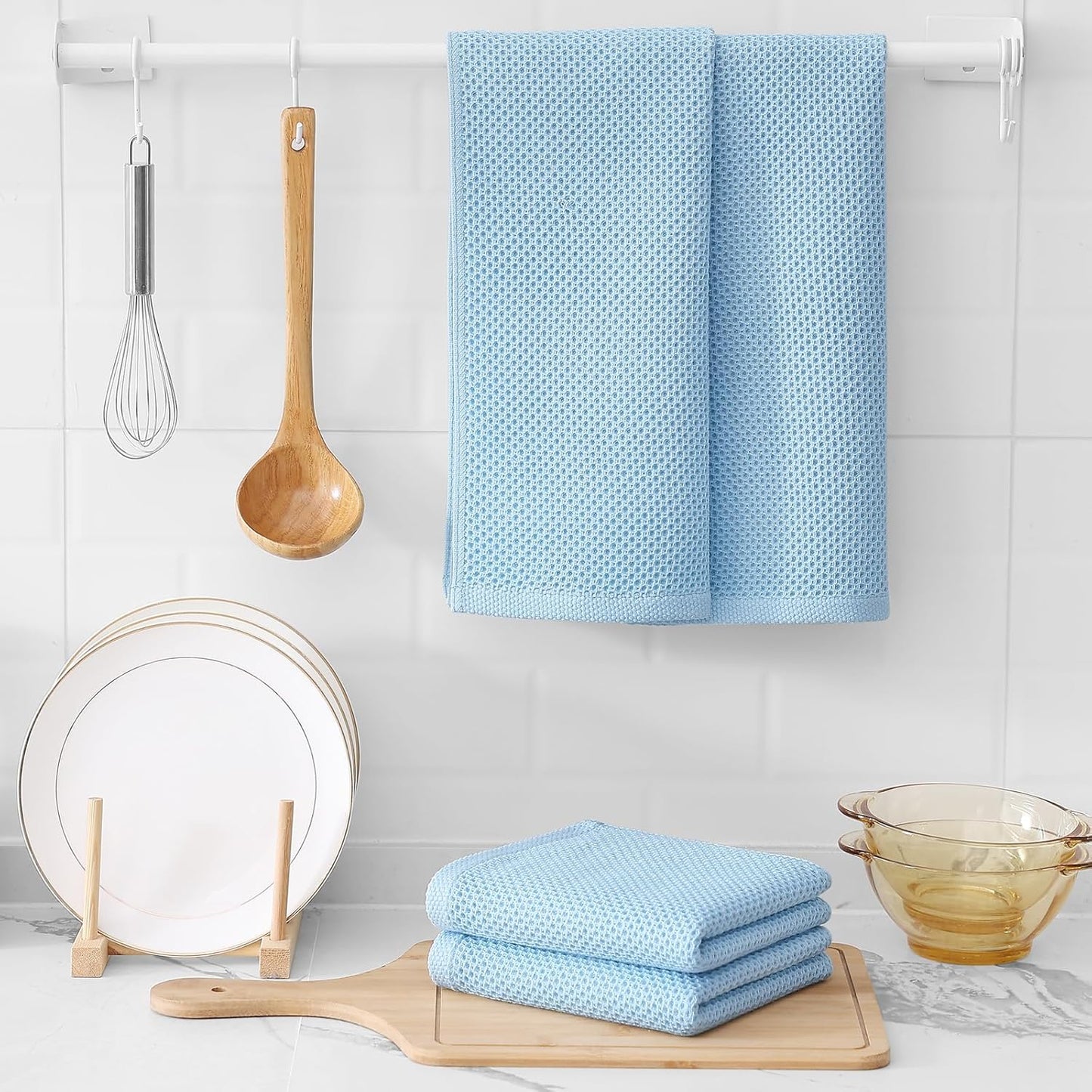 Kitinjoy 100% Cotton Waffle Weave Kitchen Towels (13 X 28 Inches, Sky Blue), 8-Pack Super Soft and Absorbent Dish Towels for Drying Dishes, Kitchen Hand Towels
