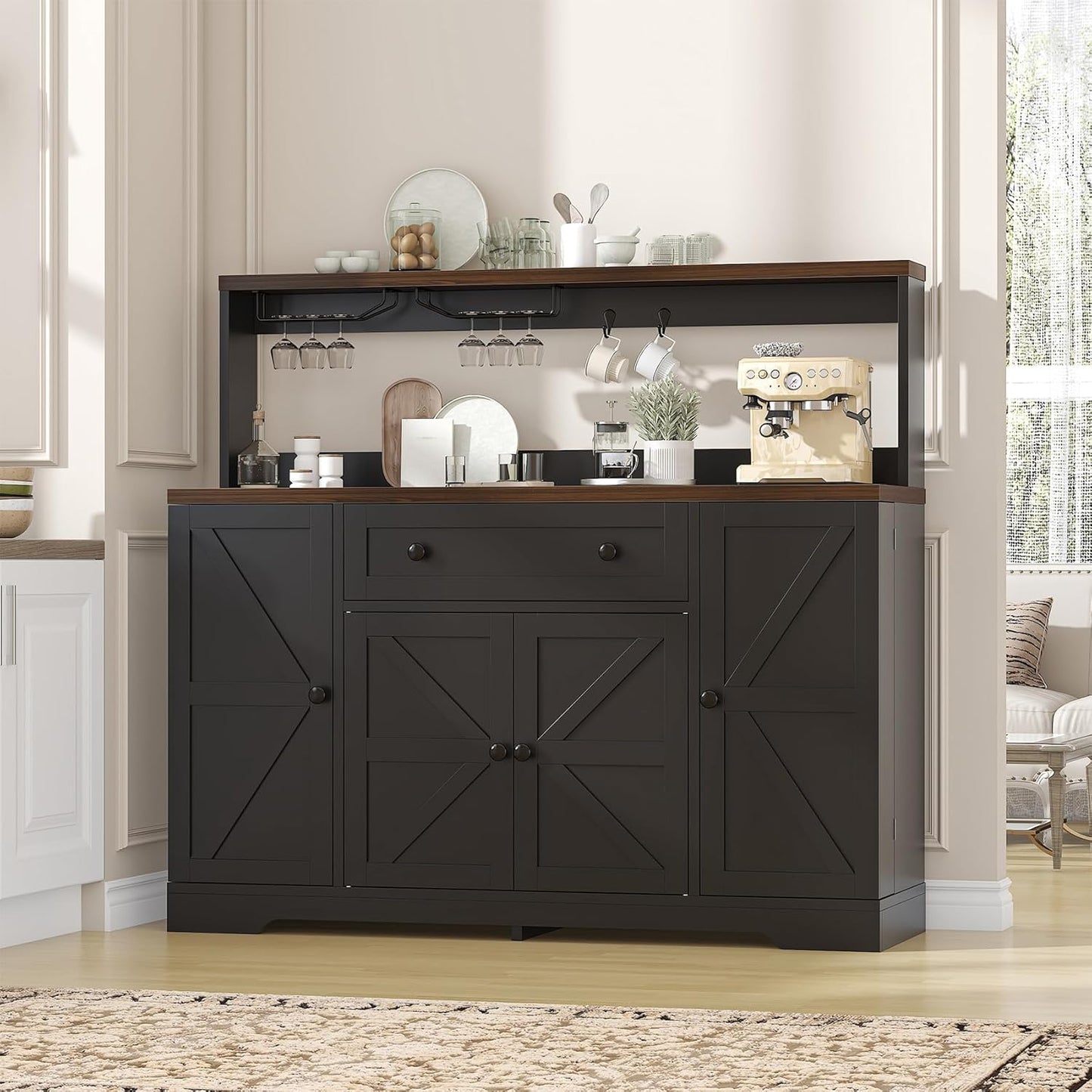 Hutch Storage Buffet Cabinet with Drawers, and Charging Station, Coffee Bar Cabinet with Barn Doors, Wine Rack and Hooks, White Wood Sideboard Buffet for Kitchen, Dining Room, 47.8" High
