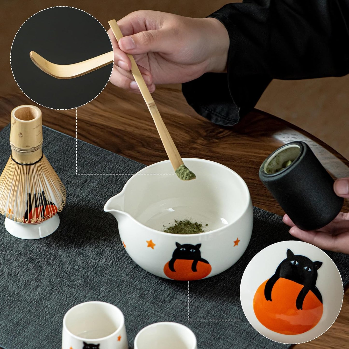 Matcha Set -Cute Cat Matcha Bowl Set with Whisk, Scoop, Whisk Holder & 2 Cups | 6 Pcs Authentic Matcha Tea Ceremony Kit | Great Gift for Tea Lovers