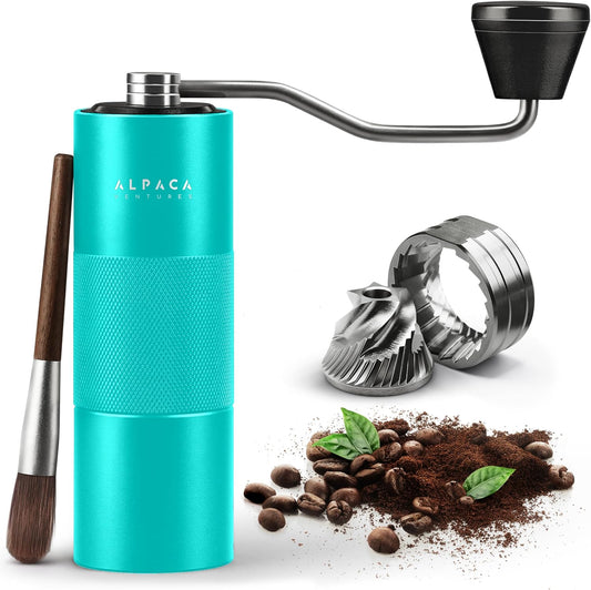 Manual Coffee Grinder by Alpaca Ventures - Stainless Steel Conical Burr Coffee Grinder Manual with Adjustable Setting Double Bearing Hand Espresso Grinder Perfect for Home, Office and Camping