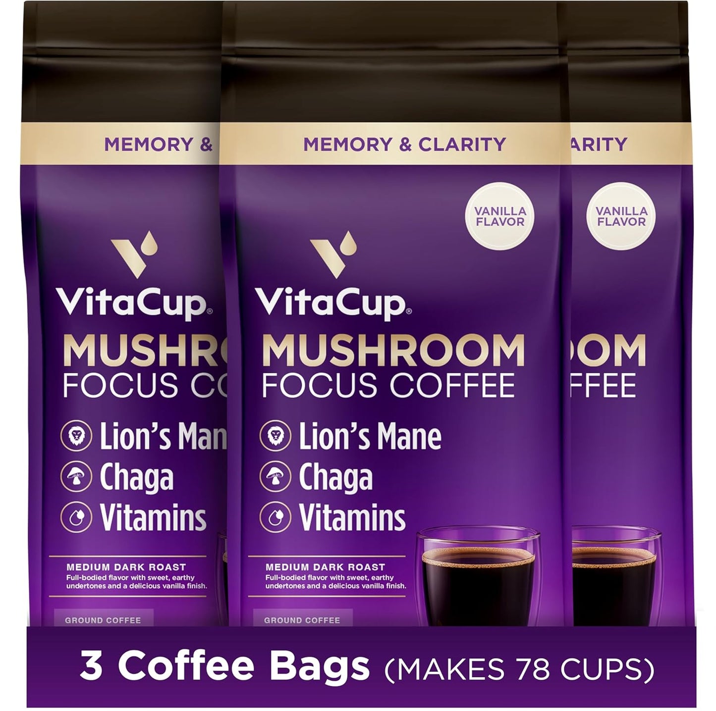 VitaCup Focus Mushroom Coffee Grounds, Vanilla Flavored Coffee with Lions Mane, Chaga, B Vitamins, D3, Boost Focus, Immunity, Memory & Clarity, Medium Dark Roast, 100% Arabica Specialty, 3 bags, 10 oz each