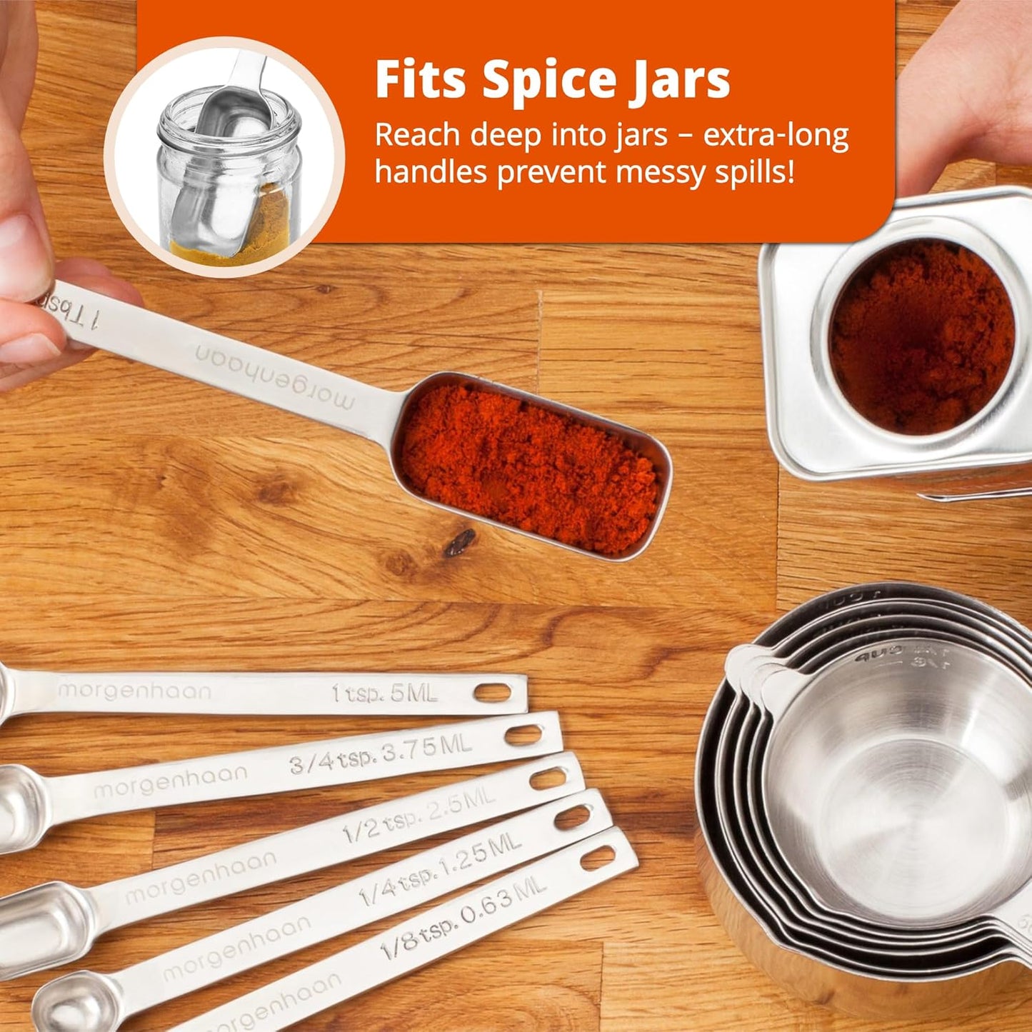 Heavy-Duty 304 Stainless Steel Measuring Cup Set (18-Piece) - Stackable, Dual Metric/US, Long & Narrow Spoons for Spice Jars + 5 Mini Spoons