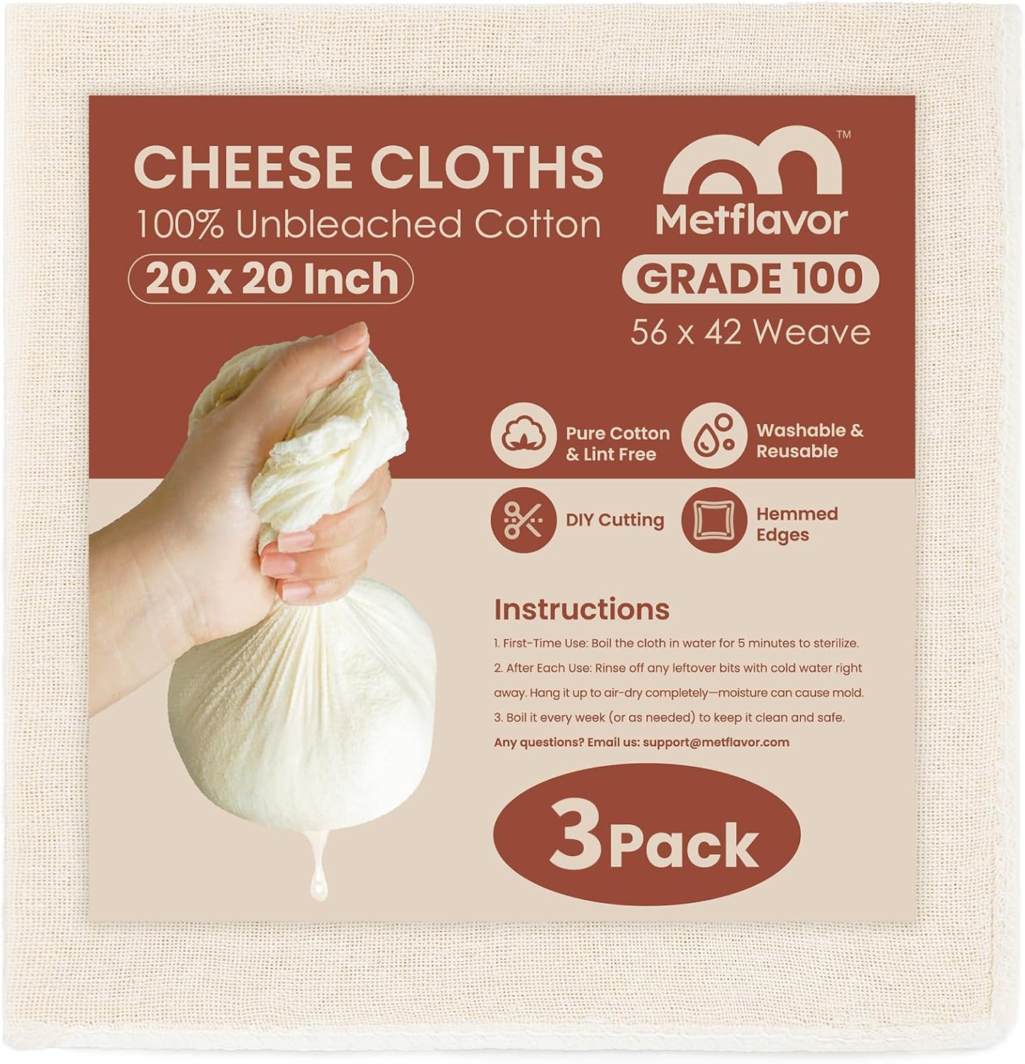 3Pcs Reusable Cheesecloth for Straining 20x20 Inch,100 Grade Cheese Cloths Hemmed Edges, 100% Unbleached Cotton Cheese Cloth,Ultra-Dense Cloth Strainer for Yogurt/Nut Milk/Baking Making 56x42 Weave