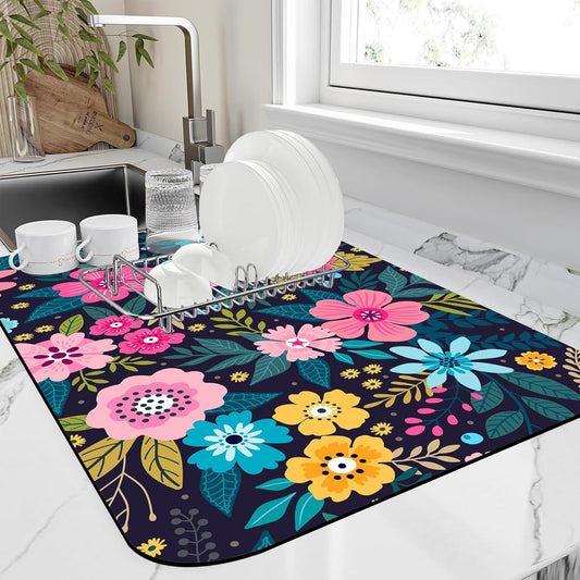 Dish Drying Mat Bright Colorful Flowers Leaves Coffee Mat,16"X24" Bsorbent Dish Drying Pad for Sink Dishes or Under Rack Kitchen Counter Accessories Absorbent Hide Backed Drying Mat