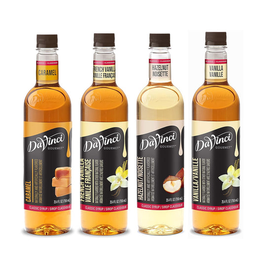 DaVinci Gourmet Syrup, Classic Coffeehouse Variety Pack - Caramel, French Vanilla, Hazelnut, Vanilla, 25.4 Fl Oz (Pack of 4)