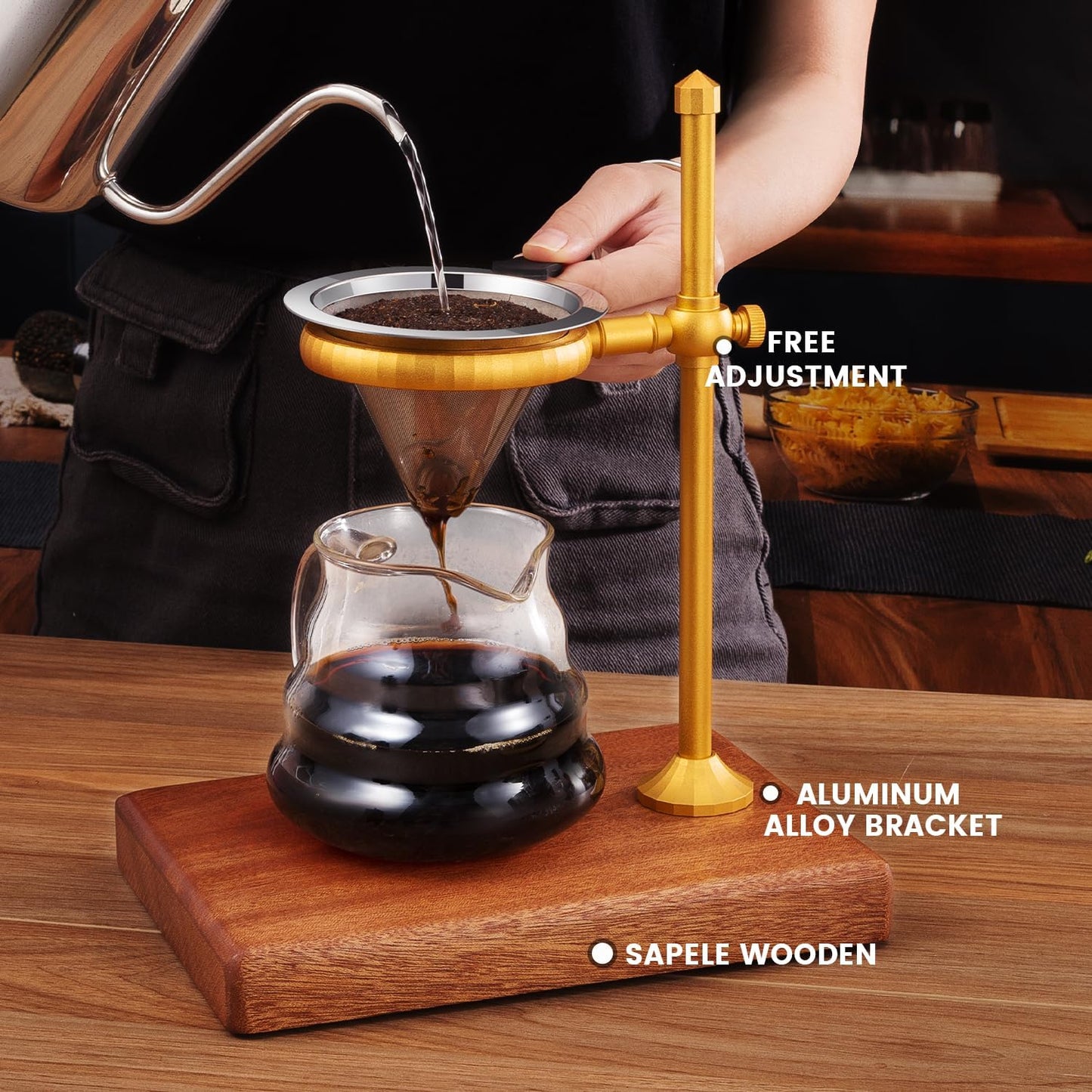 Pour Over Coffee Stand, Height Adjustable Pour over Coffee Maker with Sapele Wooden Base, Paper Filters, Bronze