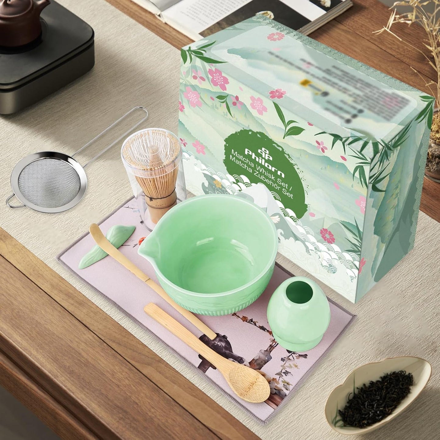 PHILORN Matcha Whisk Set 9Pcs Ceramic Matcha Kit Matcha Bowl with Spout, Whisk, Holder, Bamboo Scoop, Scoop Rest, Sifter and Tea Towe for Matcha Lover and Tea Ceremony (Cyan)