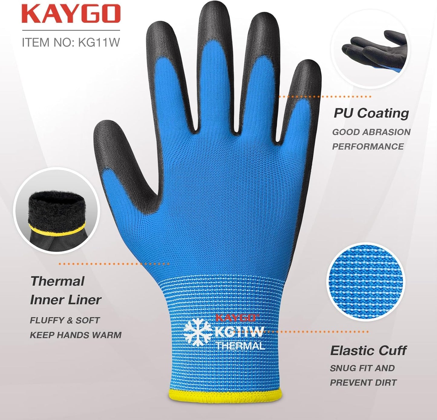 KAYGO Winter Work Gloves for Men and Women, 12 Pairs Thermal Insulated Safety Work Gloves PU Coated, Smooth Grip on Palm & Fingers,Ideal for Freezer Work,Blue,M
