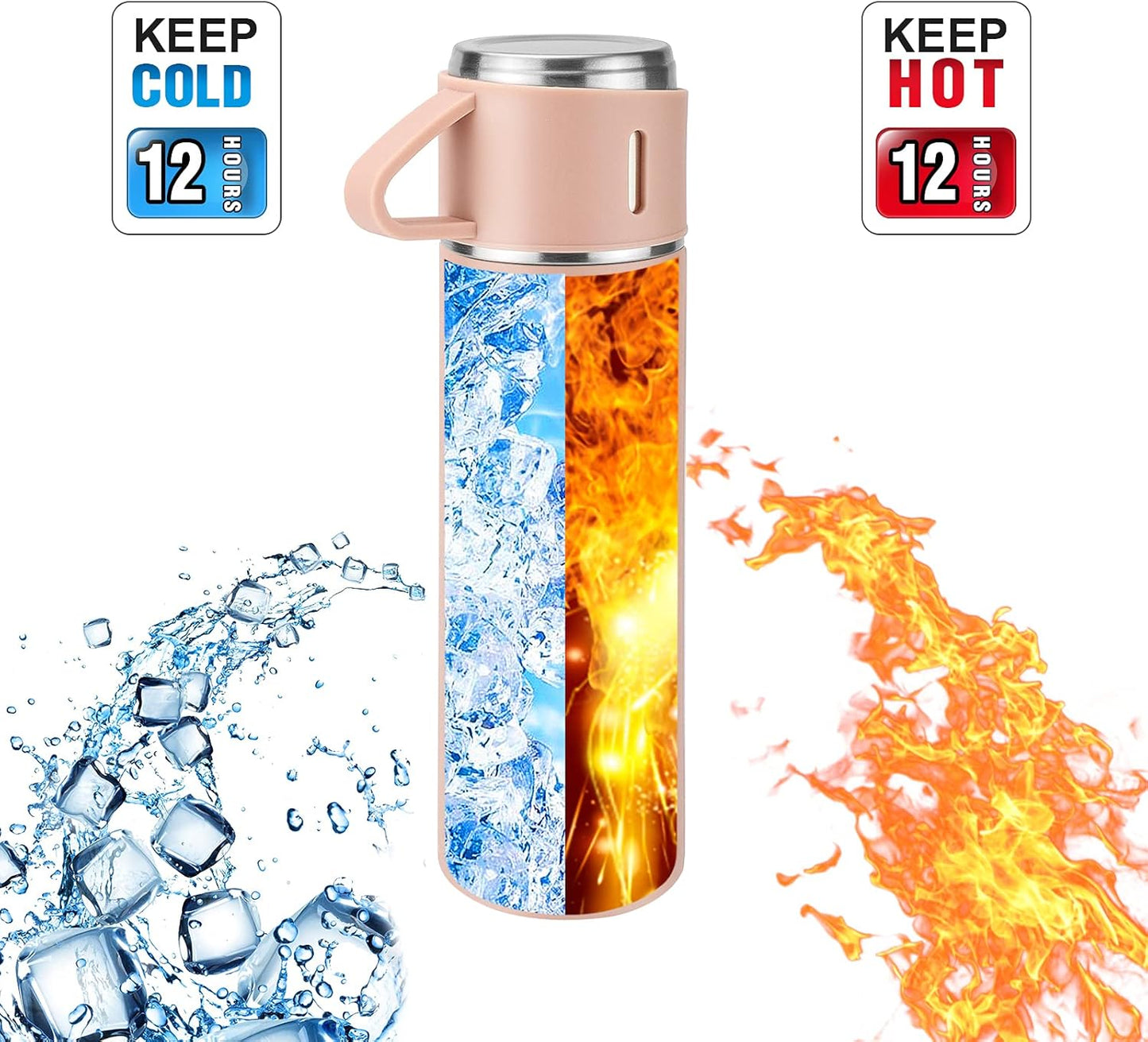 Stainless Steel Thermo 500ml/16.9oz Vacuum Insulated Bottle with Cup for Coffee Hot drink and Cold drink water flask.(Pink,Set)