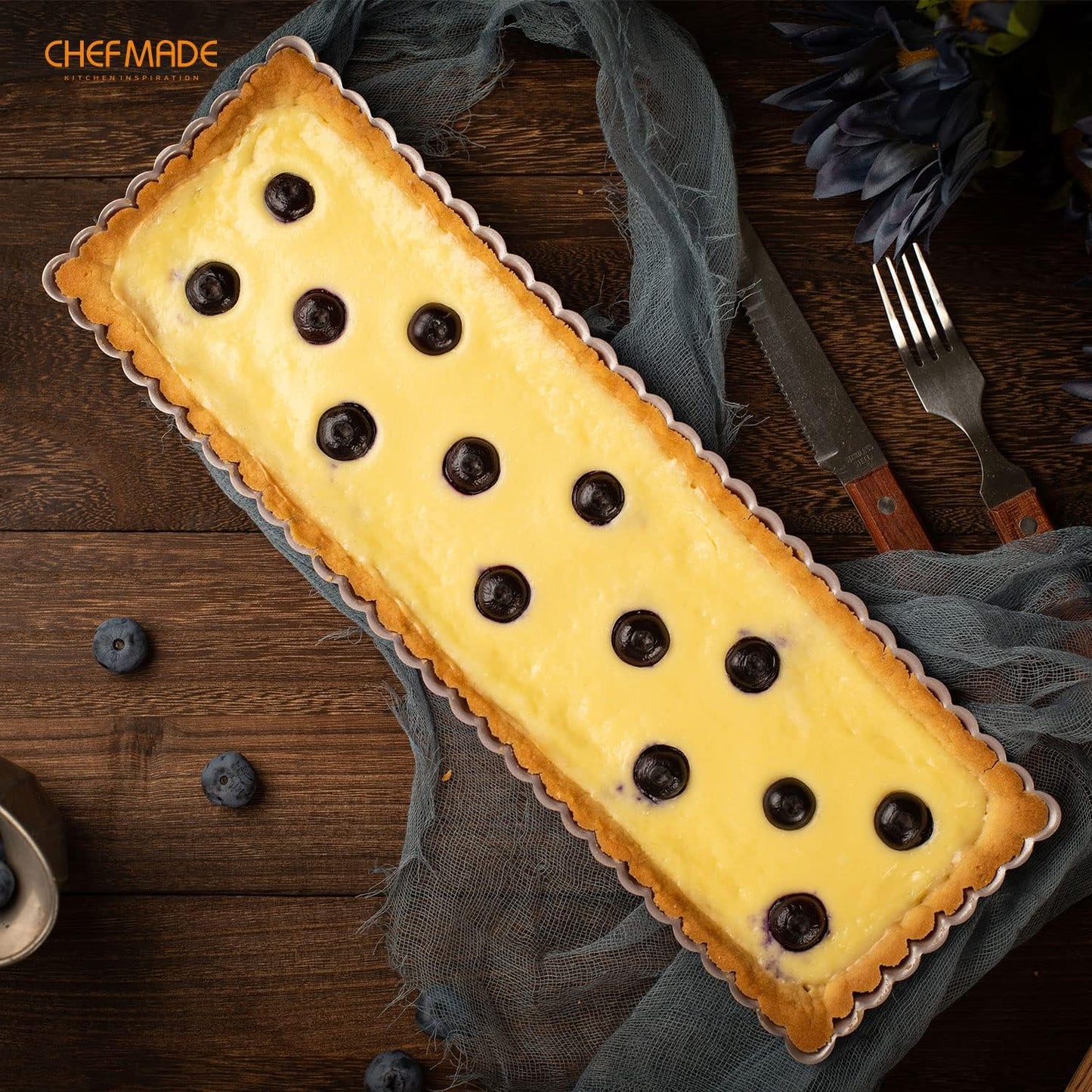 CHEFMADE Rectangle Tart Pan, 5x14-Inch with Removable Loose Bottom Non-Stick Oblong Quiche Bakeware for Oven Baking (Champagne Gold)