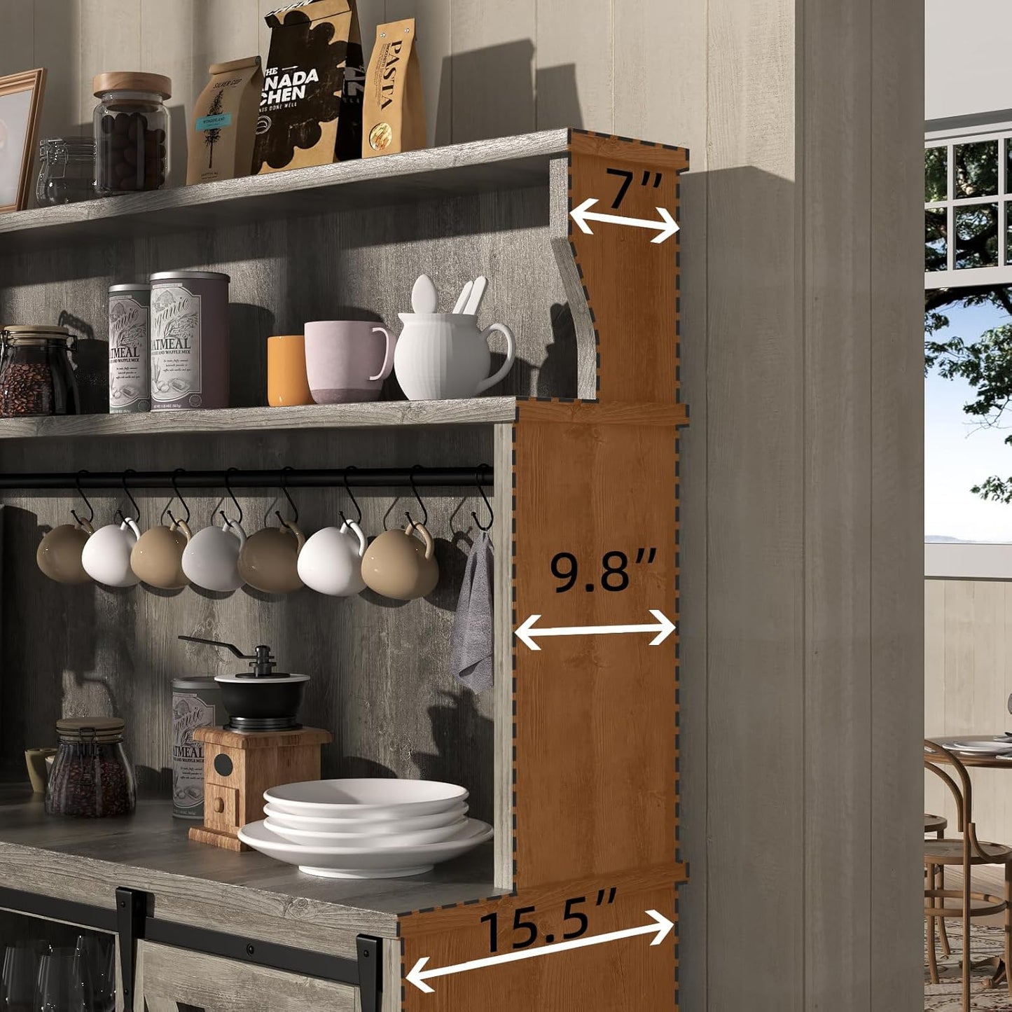 55'' Farmhouse Coffee Bar Cabinet with 3 Tier Storage Hutch, Coffee Bar Station with Sliding Barn Door, Hutch Storage Cabinet with 12 Wine Racks & 9 Hooks for Kitchen Dining Living Room