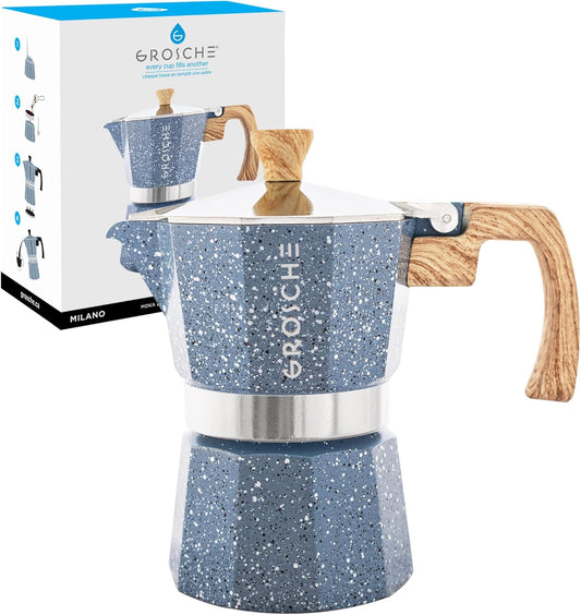 GROSCHE Milano Moka Pot - Stovetop Coffee Maker and Percolator for Espresso - 3 Cup, Indigo